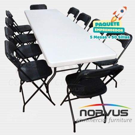 Pack - 5 tablones rectangular plastico inflado y 50 sillas plegables plastico negro