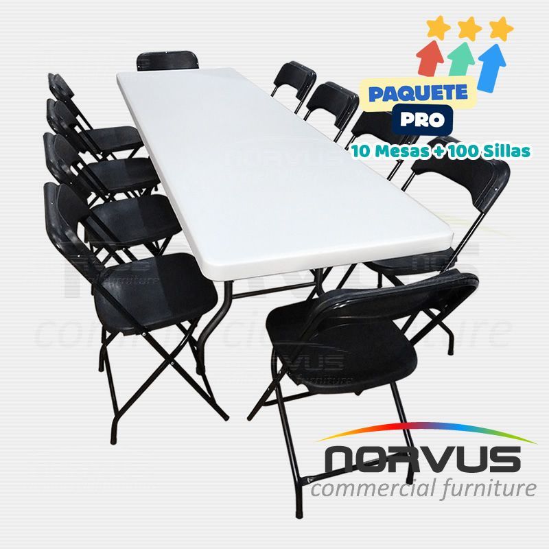 Pack - 10 tablones rectangular plastico inflado y 100 sillas plegables plastico negro