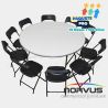 Pack - 10 mesas redonda fibra de vidrio y 100 sillas plegables plastico negro