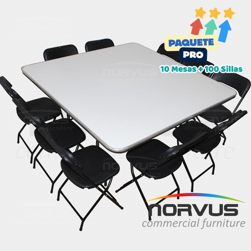 Pack - 10 mesas cuadrada fibra de vidrio y 100 sillas plegables plastico negro