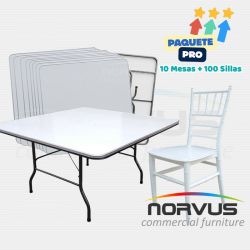 Pack - 10 mesas cuadrada fibra de vidrio y 100 sillas Tiffany plastico blanco