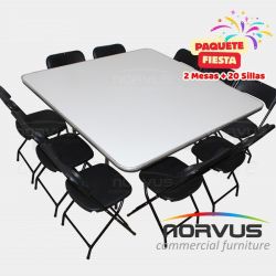 Pack - 2 mesas cuadrada fibra de vidrio y 20 sillas plegables plastico negro