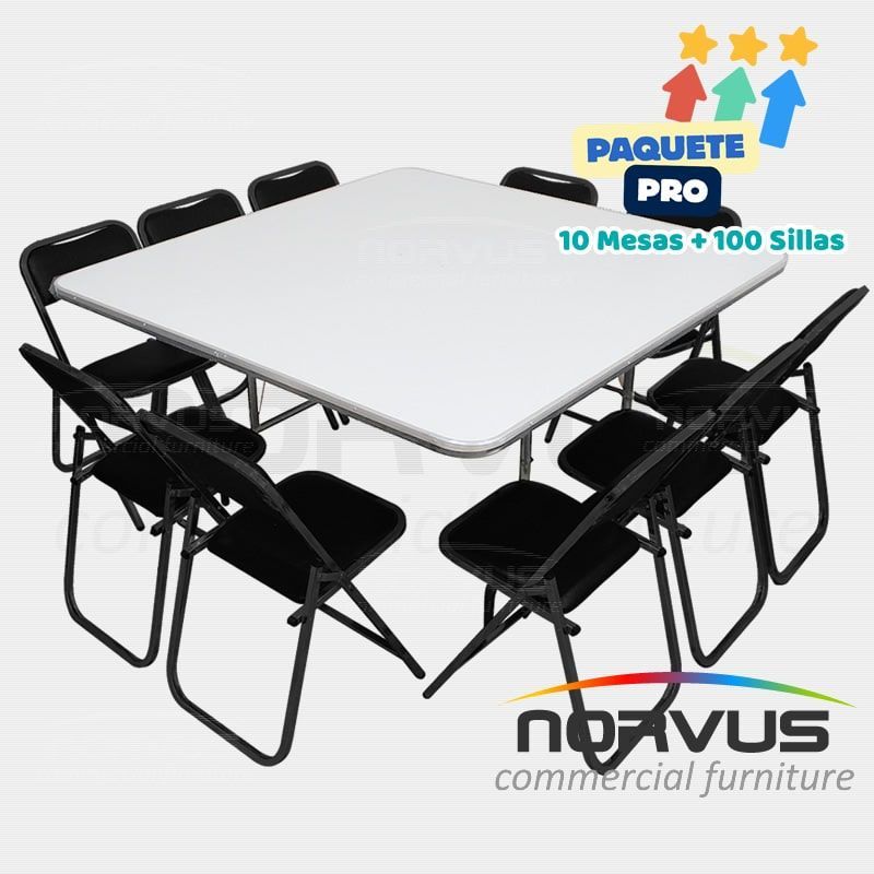 Pack - 10 mesas cuadrada fibra de vidrio y 100 sillas plegables esmalte negro
