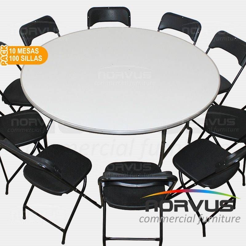 Pack - 10 mesas redonda fibra de vidrio y 100 sillas plegables plastico negro