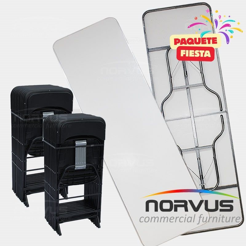 Pack - 2 tablones rectangular fibra de vidrio y 20 sillas plegables plastico negro
