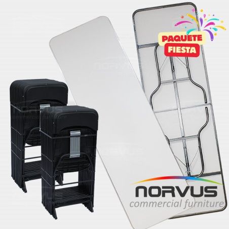 Pack - 2 tablones rectangular fibra de vidrio y 20 sillas plegables plastico negro
