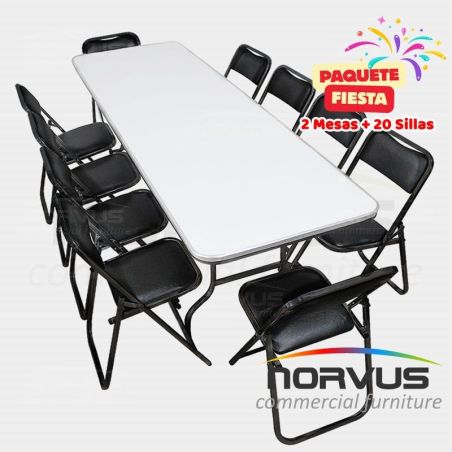 Pack - 2 tablones rectangular fibra de vidrio y 20 sillas plegables esmalte negro