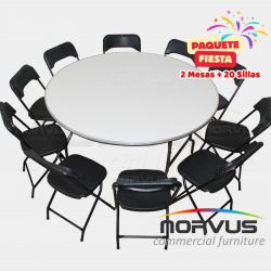Pack - 2 mesas redonda fibra de vidrio y 20 sillas plegables plastico negro