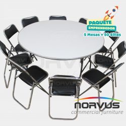 Pack - 5 mesas redonda fibra de vidrio y 50 sillas plegables cromadas