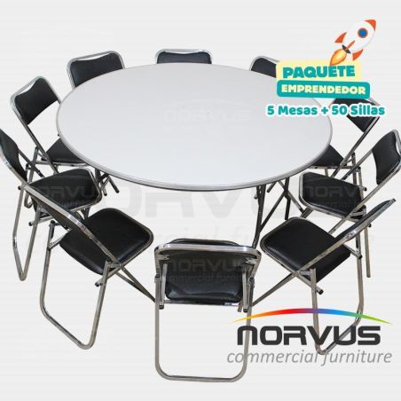 Pack - 5 mesas redonda fibra de vidrio y 50 sillas plegables cromadas