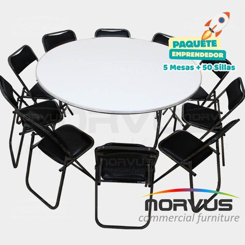 Pack - 5 mesas redonda fibra de vidrio y 50 sillas plegables esmalte negro