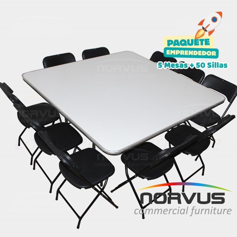 Pack - 5 mesas cuadrada fibra de vidrio y 50 sillas plegables plastico negro