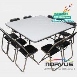 Pack - 5 mesas cuadrada fibra de vidrio y 50 sillas plegables cromadas