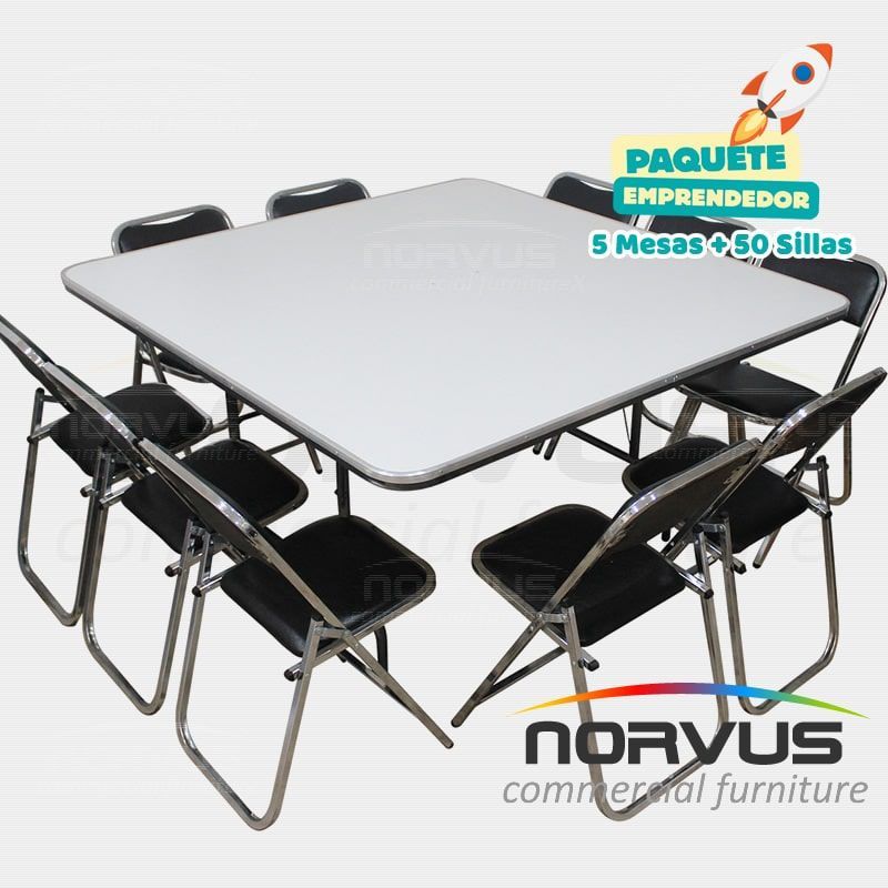 Pack - 5 mesas cuadrada fibra de vidrio y 50 sillas plegables cromadas