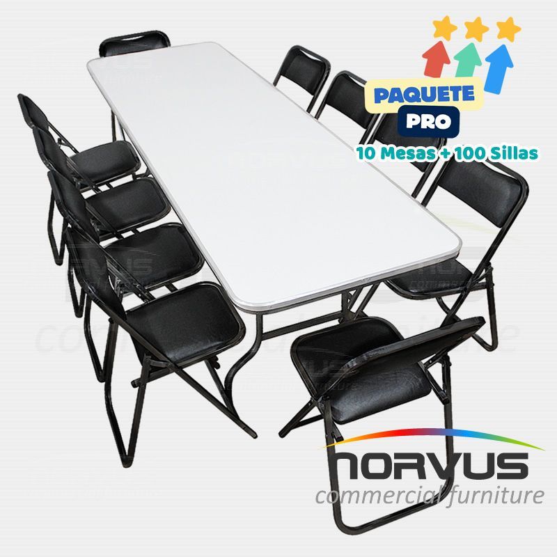 Pack - 10 tablones rectangular fibra de vidrio y 100 sillas plegables esmalte negro