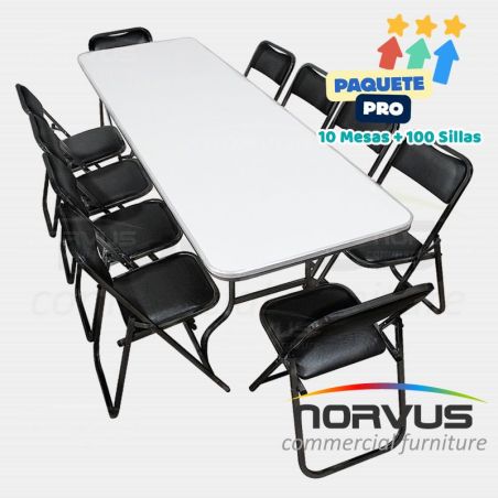 Pack - 10 tablones rectangular fibra de vidrio y 100 sillas plegables esmalte negro
