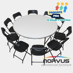 Pack - 10 mesas redonda fibra de vidrio y 100 sillas plegables plastico negro