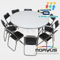 Pack - 10 mesas redonda fibra de vidrio y 100 sillas plegables cromadas