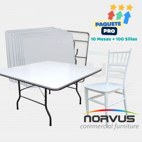 Pack - 10 mesas cuadrada fibra de vidrio y 100 sillas Tiffany plastico blanco