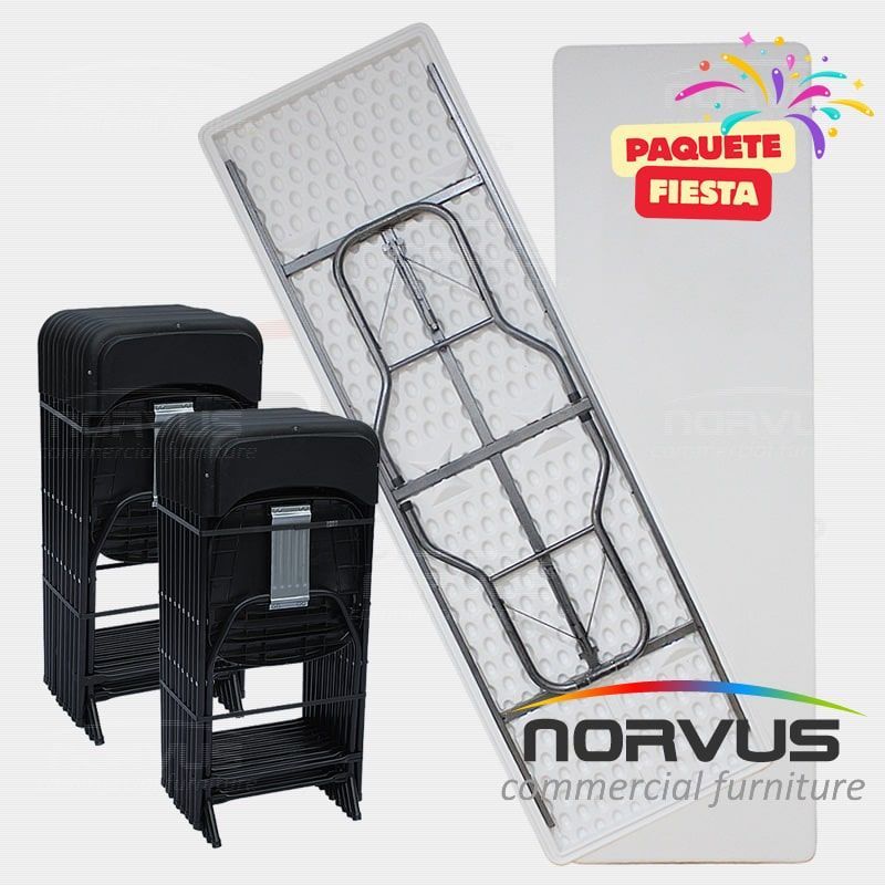 Pack - 2 tablones rectangular plastico inflado y 20 sillas plegables plastico negro