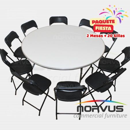 Pack - 2 mesas redonda fibra de vidrio y 20 sillas plegables plastico negro