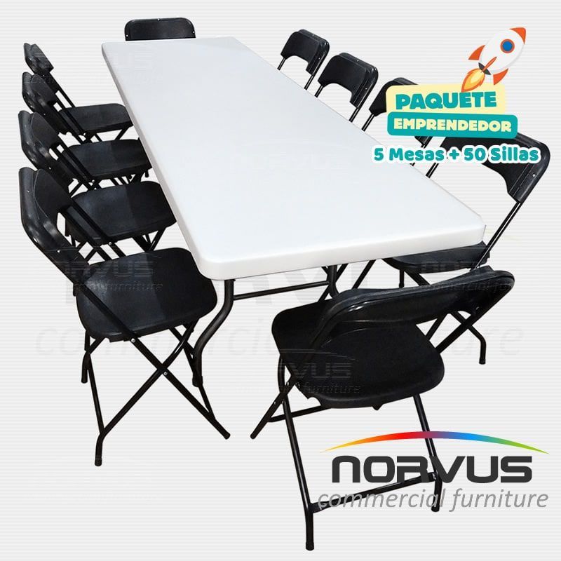 Pack - 5 tablones rectangular plastico inflado y 50 sillas plegables plastico negro