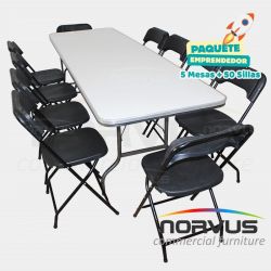 Pack - 5 tablones rectangular fibra de vidrio y 50 sillas plegables plastico negro