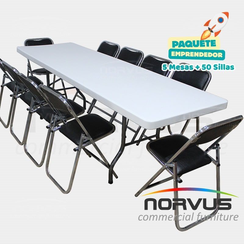 Pack - 5 tablones rectangular plastico inflado y 50 sillas plegables cromadas