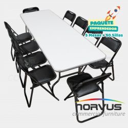 Pack - 5 tablones rectangular fibra de vidrio y 50 sillas plegables esmalte negro