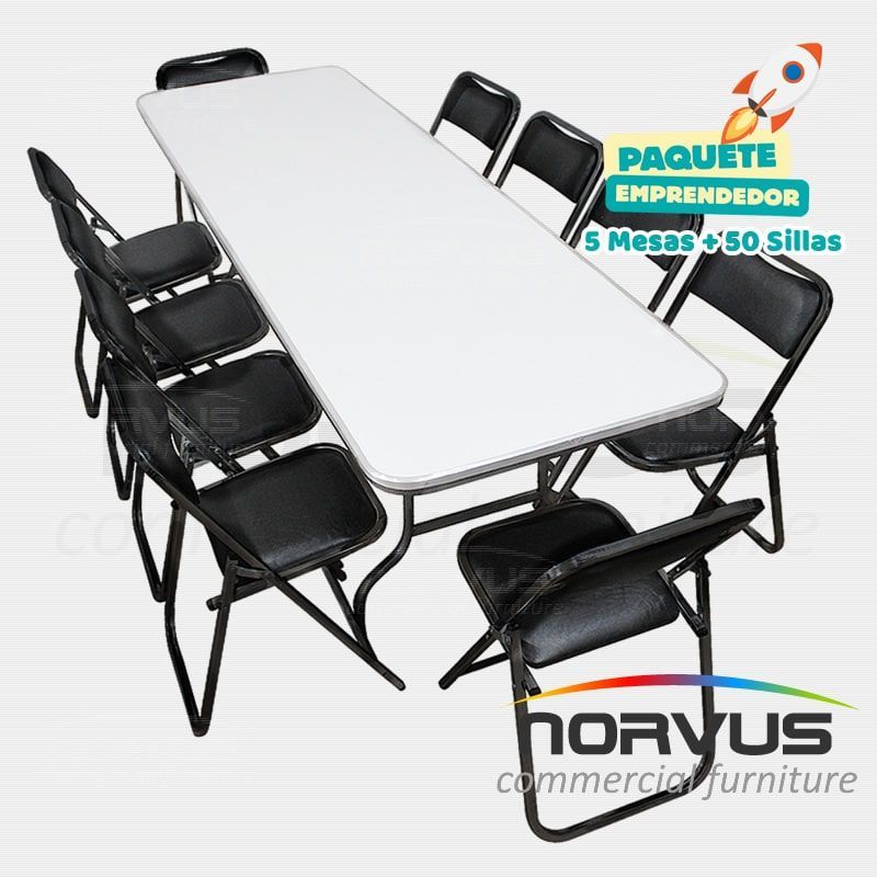 Pack - 5 tablones rectangular fibra de vidrio y 50 sillas plegables esmalte negro