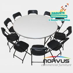 Pack - 5 mesas redonda fibra de vidrio y 50 sillas plegables plastico negro