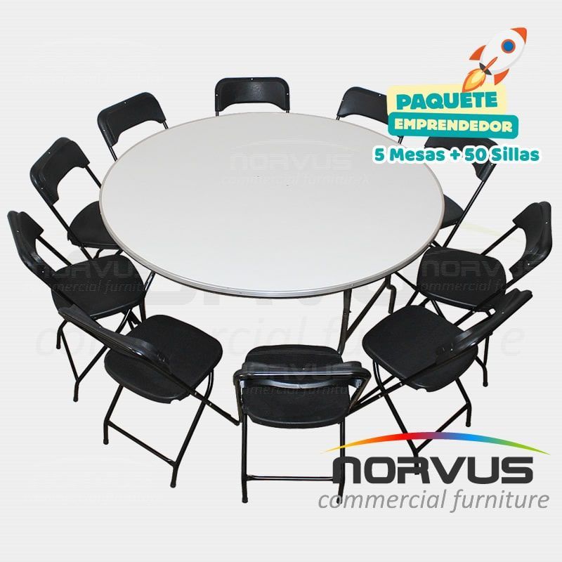 Pack - 5 mesas redonda fibra de vidrio y 50 sillas plegables plastico negro