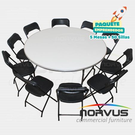 Pack - 5 mesas redonda fibra de vidrio y 50 sillas plegables plastico negro