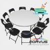 Pack - 5 mesas redonda fibra de vidrio y 50 sillas plegables plastico negro