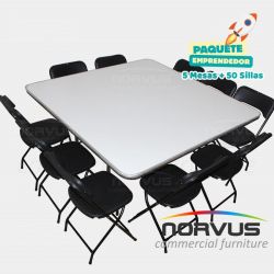 Pack - 5 mesas cuadrada fibra de vidrio y 50 sillas plegables plastico negro