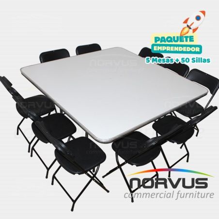 Pack - 5 mesas cuadrada fibra de vidrio y 50 sillas plegables plastico negro