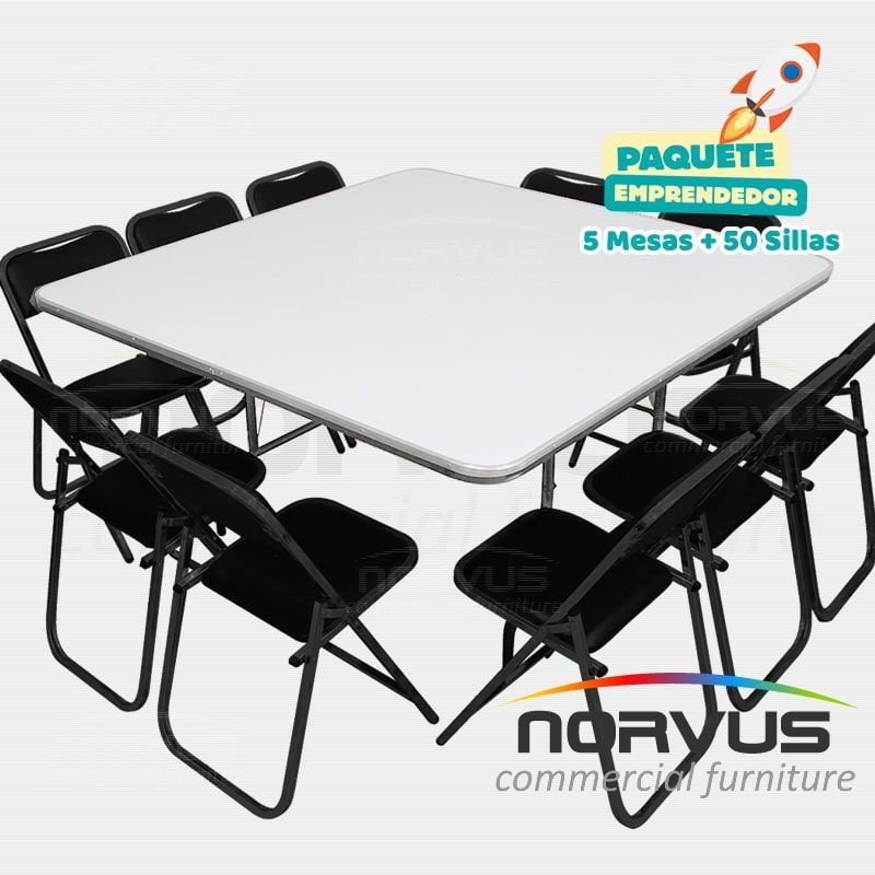 Pack - 5 mesas cuadrada fibra de vidrio y 50 sillas plegables esmalte negro