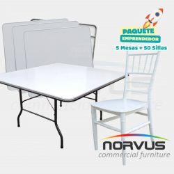 Pack - 5 mesas cuadrada fibra de vidrio y 50 sillas Tiffany plastico blanco