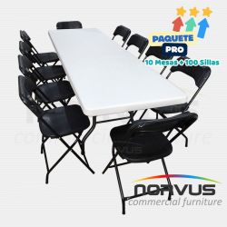 Pack - 10 tablones rectangular plastico inflado y 100 sillas plegables plastico negro