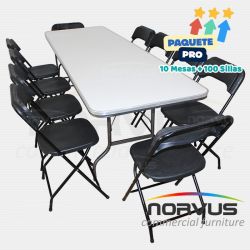 Pack - 10 tablones rectangular fibra de vidrio y 100 sillas plegables plastico negro