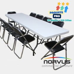 Pack - 10 tablones rectangular plastico inflado y 100 sillas plegables cromadas