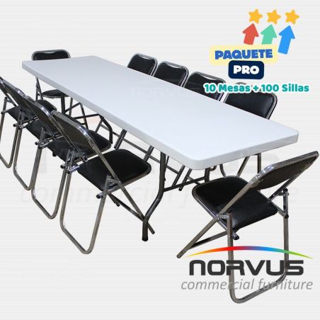 Pack - 10 tablones rectangular plastico inflado y 100 sillas plegables cromadas