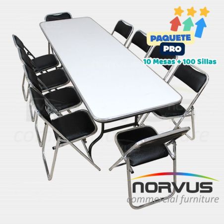 Pack - 10 tablones rectangular fibra de vidrio y 100 sillas plegables cromadas