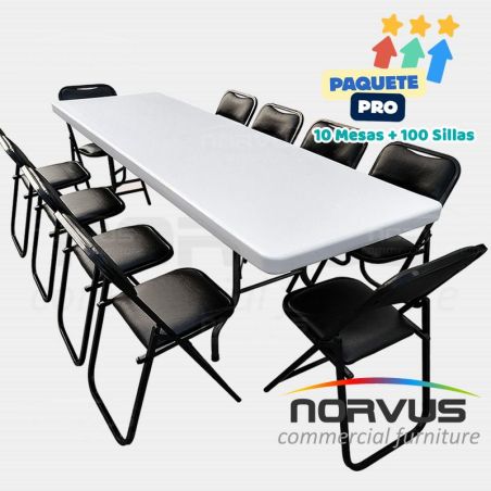 Pack - 10 tablones rectangular plastico inflado y 100 sillas plegables esmalte negro