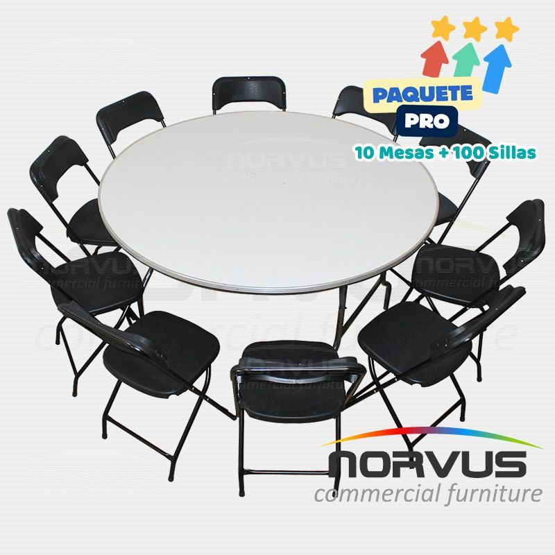 Pack - 10 mesas redonda fibra de vidrio y 100 sillas plegables plastico negro