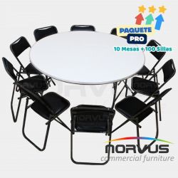 Pack - 10 mesas redonda fibra de vidrio y 100 sillas plegables esmalte negro