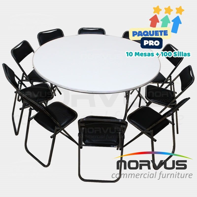 Pack - 10 mesas redonda fibra de vidrio y 100 sillas plegables esmalte negro