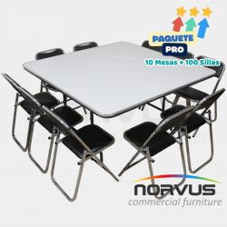 Pack - 10 mesas cuadrada fibra de vidrio y 100 sillas plegables cromadas