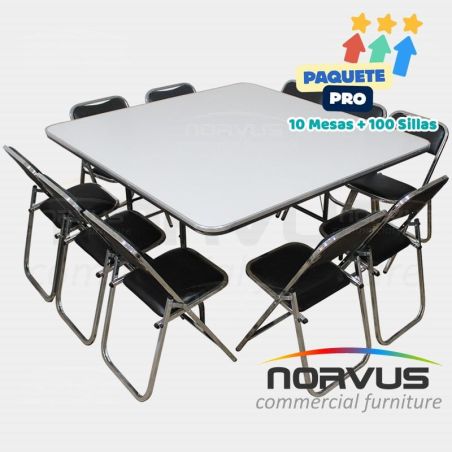 Pack - 10 mesas cuadrada fibra de vidrio y 100 sillas plegables cromadas